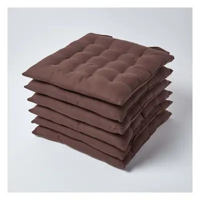 (Set of 6, Chocolate) Plain Seat Pad with Button Straps 100% Cotton