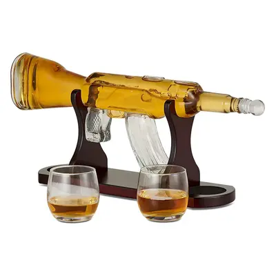 Whiskey Gun Glass Decanter Set with Carved Wooden Stand, Bourbon Scotch Rifle Unique Design Disp