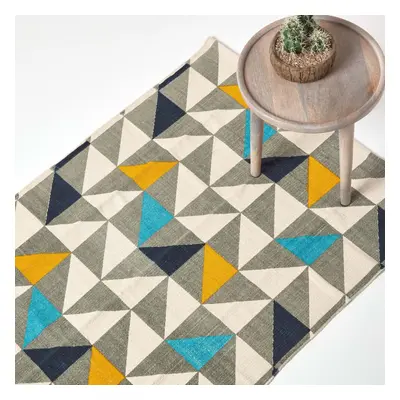 (120 x cm) Copenhagen Blue, Yellow and Grey 100% Cotton Geometric Style Scandi Printed Rug