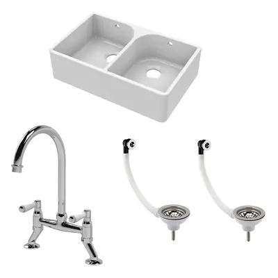 Fireclay Kitchen Bundle - Double Bowl Full Weir Butler Sink, Wastes & Bridge Lever Tap, 795mm - 