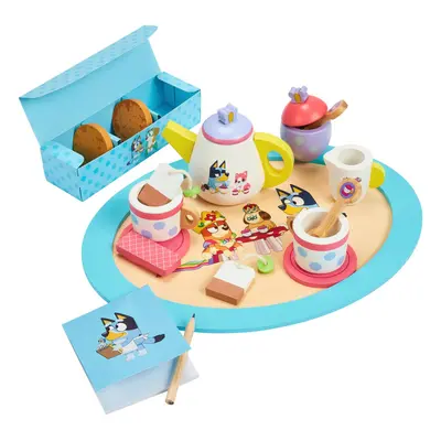 Bluey - Tea Party Set - Wooden 18-Piece Pretend Play Set with Tray Teapot Tea Cups Biscuits and 