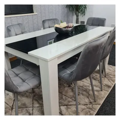 Kitchen Dining Table Set Of Wooden Table Grey Velvet Tufted Chairs