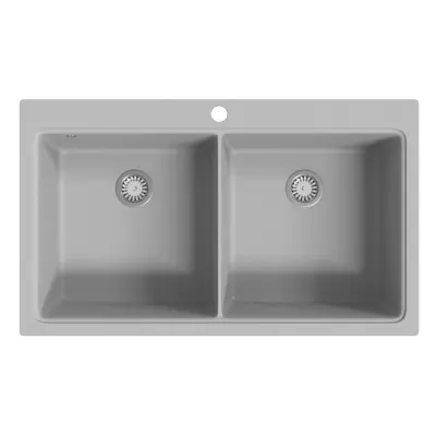 Overmount Kitchen Sink Double Basin Plumbing Kit Granite Grey x mm