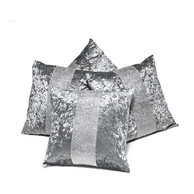 Red Rainbow Set of Silver/Grey DiamantÃ© Sparkle Bling Crushed Velvet Inch Cushion Covers