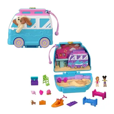 Polly Pocket Dolls and Playset, Travel Toy with Fidget Exterior, Seaside Puppy Ride Compact with