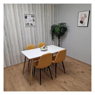 Wooden Dining Table with Mustard Gem Patterned Chairs White Table