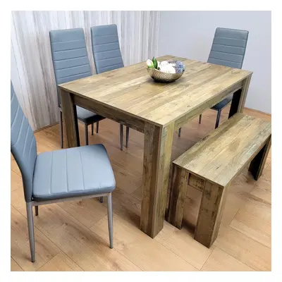 Wooden Dining Table Set for Rustic Effect Table With Grey Leather Chairs and Bench