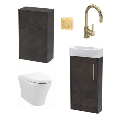 Cloakroom Suite - Left Hand 440mm Vanity, WC Unit, Toilet and Tap - Slate/Brass