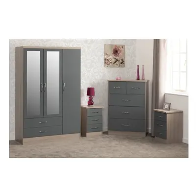 Nevada Piece Grey Gloss Bedroom Set - Door Drawer Mirrored Wardrobe, Drawer Chest & x Drawer Bed