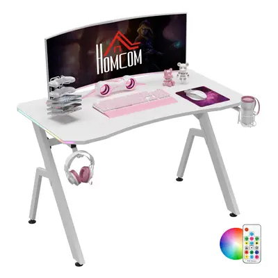 HOMCOM Ergonomic Gaming Desk with Hook Cup Holder LED & Cable Management, White