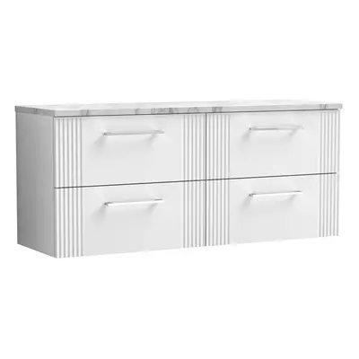 Retro Drawer Wall Hung Vanity Unit with Carrera Marble Laminate Worktop - 1200mm - Satin White -