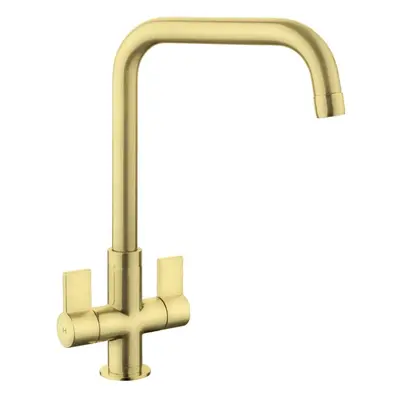 Rangemaster Aquaquad Kitchen Mixer Tap Brushed Brass D Shape Spout Twin Lever