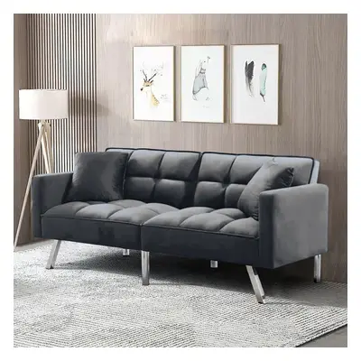 Sofa Bed Seater Grey Velvet Click Clack Sofa Settee Recliner Couch with Metal Legs with Pillows