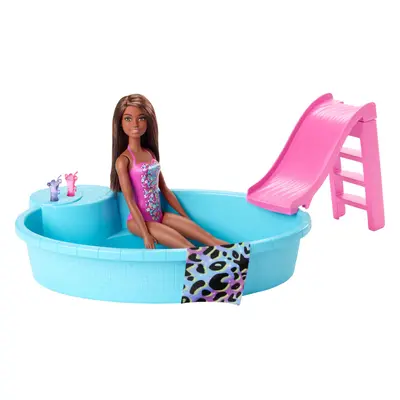 Barbie Doll and Pool Playset with Pink Slide Beverage Accessories and