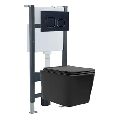 Nes Home Black Rimless Square Toilet, Cistern Frame & Square Button Flush Plate