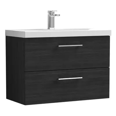 Wall Hung Drawer Vanity Unit with Mid-Edge Ceramic Basin, 800mm - Woodgrain Charcoal Black