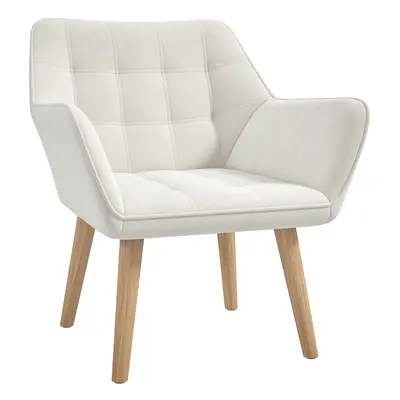 HOMCOM Velvet-Feel Accent Chair with Arms Slanted Back Wood Legs Cream White