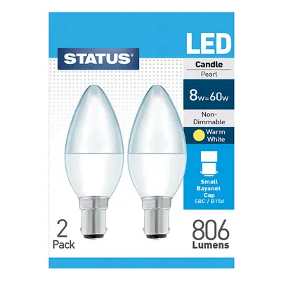 2 x Status 8watt Candle LED SBC B15 Small Bayonet Cap Opal Warm White Equivalent To watt