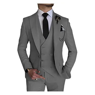 (gray, M) Men's Suits Piece Slim Fit Suits for Men Double Breasted Blazer Vest Pants Set Busines