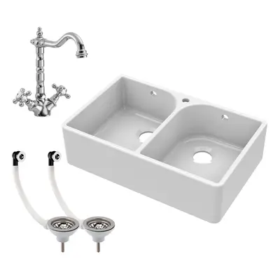 795mm - Double Bowl Fireclay Butler Kitchen Sink - Tap Hole, Weir & Waste