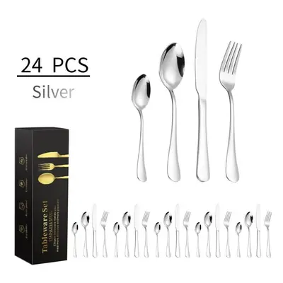 24PCS Cutlery Sets Brushed Silver Stainless Steel Spoon Knife Fork Set