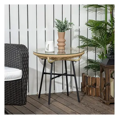 Outsunny Rattan Side Table w/ Tempered Glass Tabletop, Beige