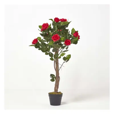 (Red) Potted Rose Tree Artificial Plant with lifelike green leaves and single trunk, cm