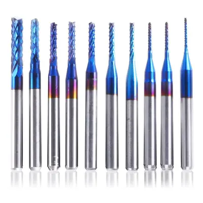 10Pcs 0.8-3mm Blue Nano Coating Engraving Milling Cutter Carbide End Mill CNC Router Bits 1/8 In