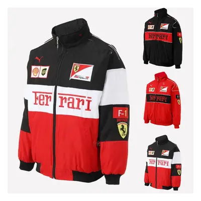 (White, M) Unisex F1 Team Racing Ferrari Jacket Coat Zipper Up Long Sleeve Retro Outerwear