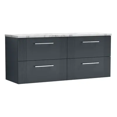 Retro Drawer Wall Hung Vanity Unit with Carrera Marble Laminate Worktop - 1200mm - Satin Soft Bl