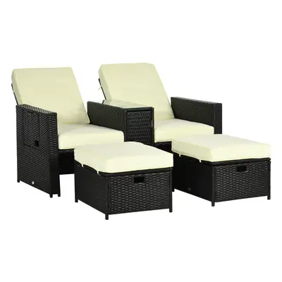 Outsunny Recliner Rattan Sun Lounger w/ Storage Tea Table & Footstools, Balck