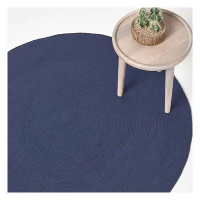 (120 cm Round, Navy) Handmade Woven Braided Rug