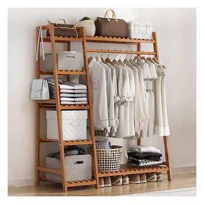 Brown Bamboo Bedroom Garment Clothes Rack with Shelves,110cm