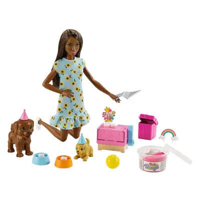 Barbie Puppy Party Doll and Playset Brunette Doll with Sunflower Dres