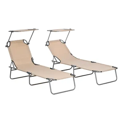 Outsunny Folding Sun Lounger Set of w/ Sunshade Adjustable Backrest Sand