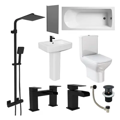 Square Bathroom Suite Matt Black 1700mm Bath, Toilet, Pedestal basin, Tap,Shower