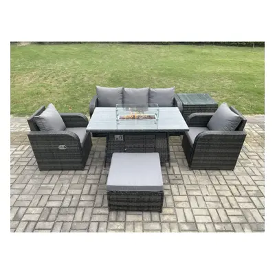 Fimous Patio Outdoor Rattan Garden Furniture Set Propane Gas Fire Pit Table Burner with Lounge S