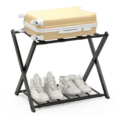 Luggage Rack Folding Suitcase Stand with Storage Shelf-Black