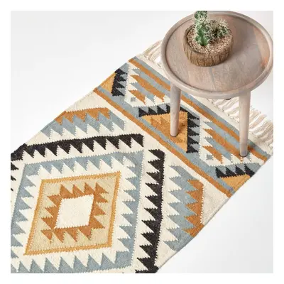 (66 x cm) Agra Handwoven Ochre Gold, Silver Grey and Black Diamond Pattern Kilim Wool Rug