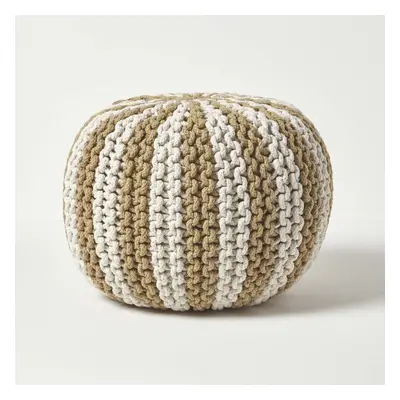 (Linen & Off White, x cm) Knitted Pouffe Striped Footstool