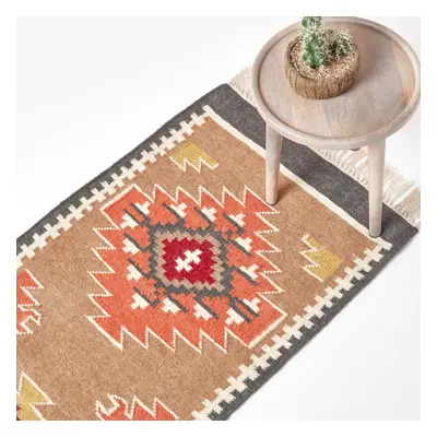 (66 x cm) Jaipur Handwoven Brown and Orange Patterned Kilim Wool Rug