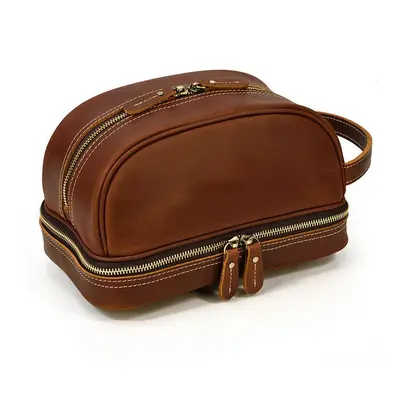 (9566(light brown)) Genuine leather toiletry travel bag for men women black luxury style makeup 