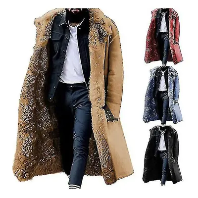 (Mens Faux Fur Fleece Winter Overcoat, Vintage Long Length Warm Peacoat Jacket) Mens Faux Fur Fl