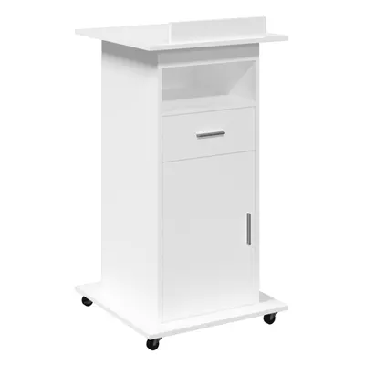 (white) vidaXL Lectern with Wheels and Drawer Pulpit Podium Stand Engineered Wood