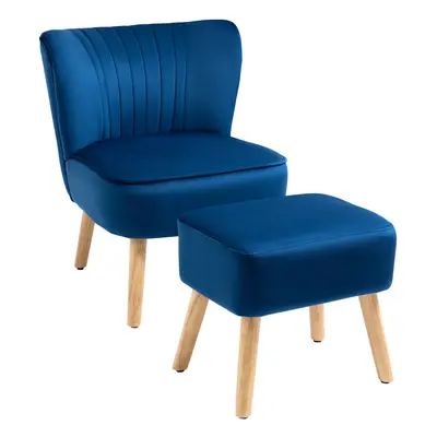 HOMCOM Velvet-Feel Accent Chair w/ Ottoman Tub Seat Padding Wood Legs Dark Blue