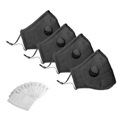 (Black) Pack Face Cotton Mask With Breathable Valve, Activated Carbon Filter 10pcs