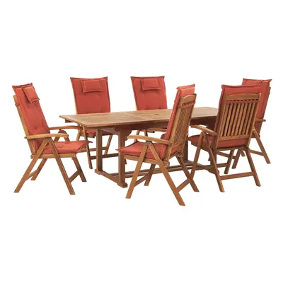 6 Seater Acacia Wood Garden Dining Set with Red Cushions JAVA