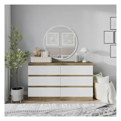 (Oak Carcass + White Drawers) 120cm Modern Wooden Chest of Drawers Bedroom Furniture Storage Bed