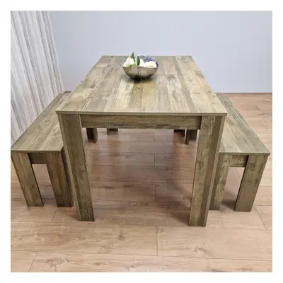 Dining Table and Benches Rustic Effect Wood Table Rustic Benches Dining Room