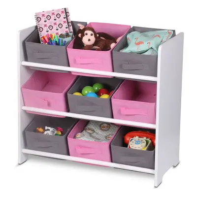 (Pink/Grey) Kids Wooden Shelf Toy Storage Unit With Baskets